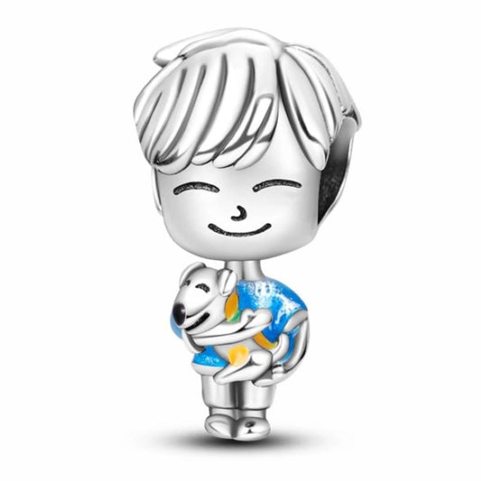 Little Boy with Dog Charm Blue Orange