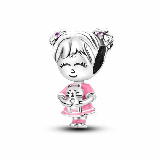 Little Girl with Cat Charm Pink Dress