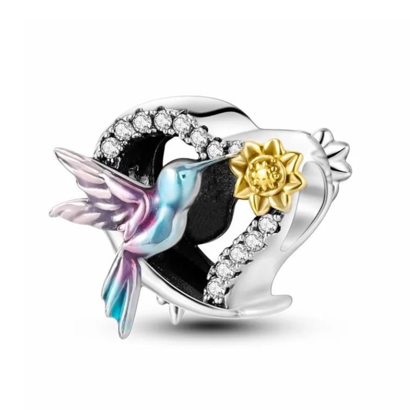 Humming Bird Sterling Silver Plated Charm Gold Colored Flower Love Heart