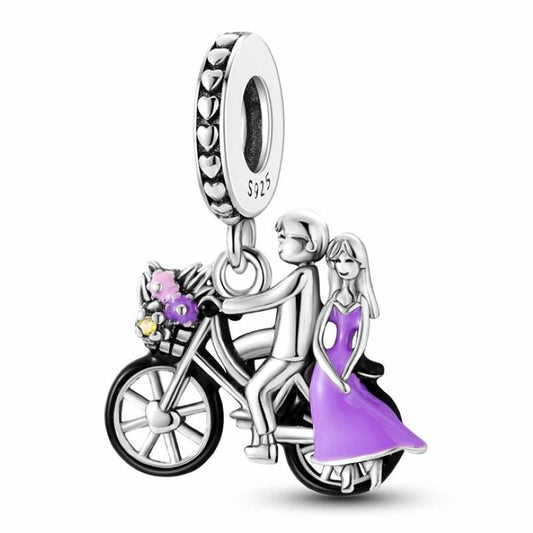 Lovers on Bicycle Charm Couple Purple Dress Flowers Bike