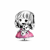 Little Girl with Cat Sterling Silver Plated Charm Pink Dress Kitten