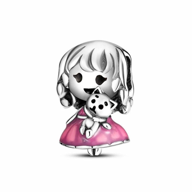Little Girl with Cat Sterling Silver Plated Charm Pink Dress Kitten