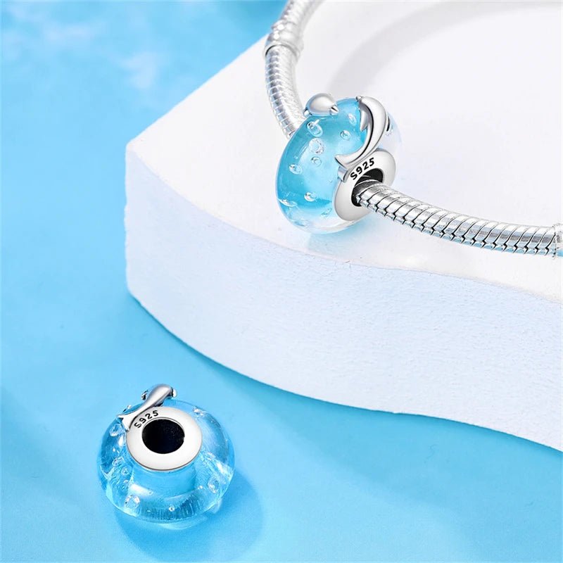 Dolphin Sterling Silver Plated Charm Blue Ocean Sea Glass Bead