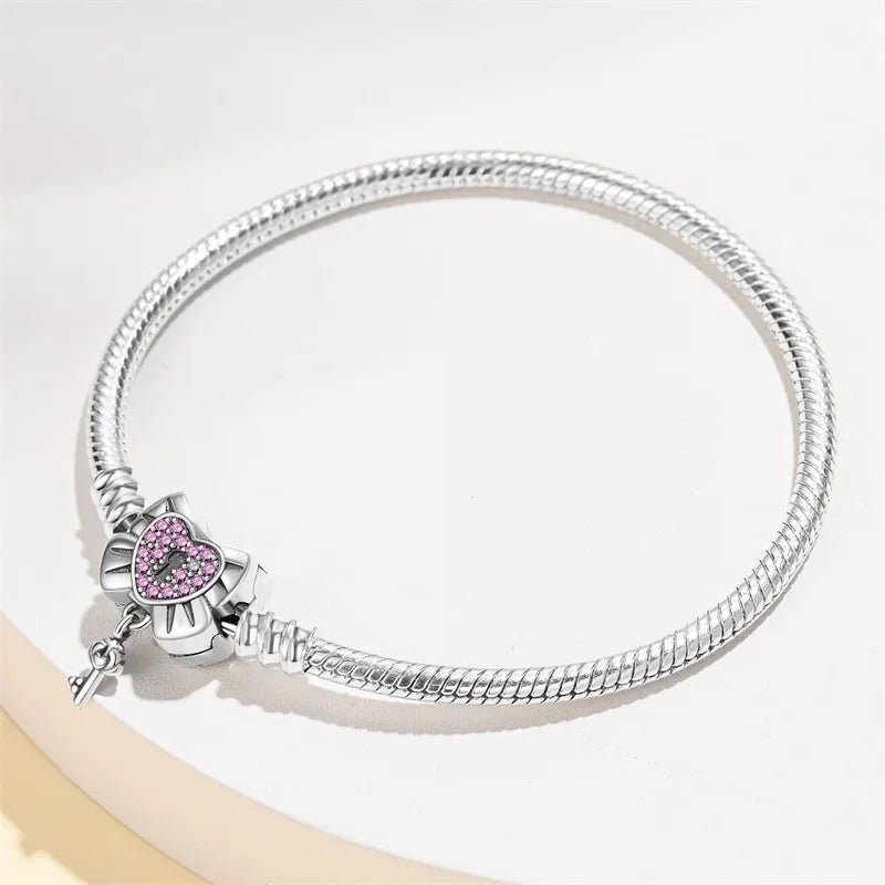 Sterling Silver Plated Charm Bracelet with Ribbon Bow Clasp Dangling Key