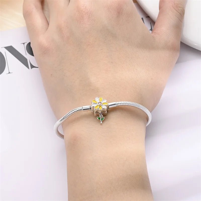Sterling Silver Plated Charm Bracelet with Yellow Flower Clasp Garden