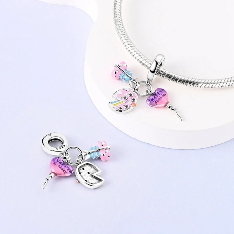 Happy Birthday Sterling Silver Plated Charm Pink Cake Balloon Presents