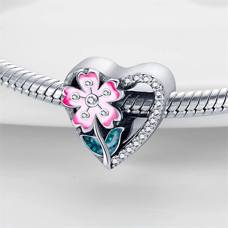 Pink Flower Charm Love Heart