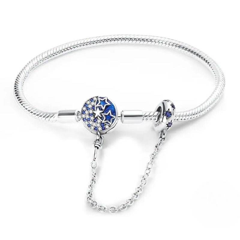 DIY Sterling Silver Plated Charm Bracelet with Starry Night Clasp and Chain Blue